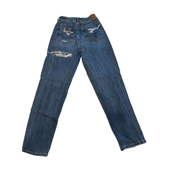American Eagle Mom Straight Jeans Women Ripped Distressed Light Wash Plaid Sz 0 - Picture 2 of 8